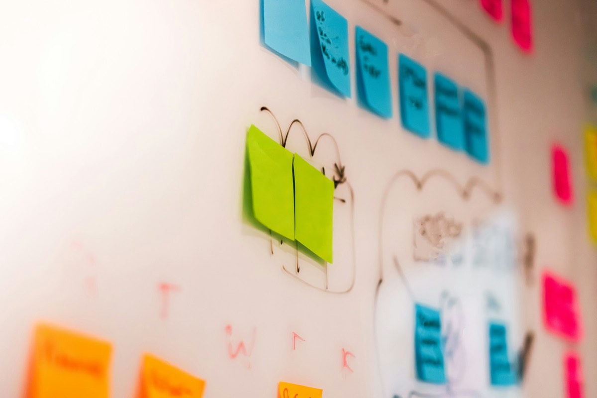 Un tableau blanc couvert de post-it de toutes les couleurs.